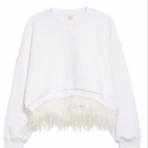 NWOT Cinq à Sept Albertine Feather Trim Cotton Blend Sweatshirt in White Size L